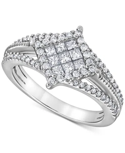 Macy's Diamond Princess & Round Halo Cluster Split Shank Ring (5/8 Ct. T.w.) In 14k White Gold
