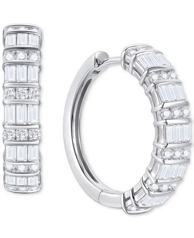 Macy's Diamond Round & Baguette Hoop Earrings (1 Ct. T.w.) In 10k White Gold