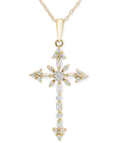 Macy's Diamond Round & Baguette Ornate Cross 18" Pendant Necklace (1/4 Ct. T.w.) In 14k Two-tone Gold