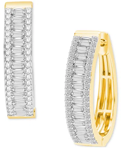 Macy's Diamond Round & Baguette Small Hoop Earrings (1/2 Ct. T.w.) In Sterling Silver & 14k Gold-plate