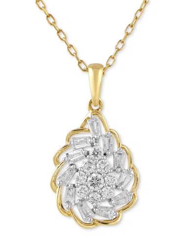 Macy's Diamond Round & Baguette Swirl Cluster Pendant Necklace In 10k Gold, 16" + 2" Extender In Yellow Gold