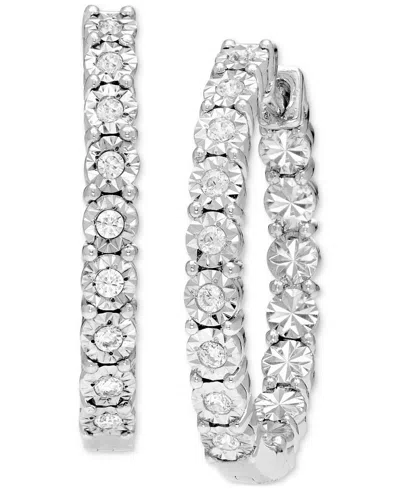Macy's Diamond Sunray Textured Small Hoop Earrings (1/4 Ct. T.w.) In Sterling Silver. 0.9"