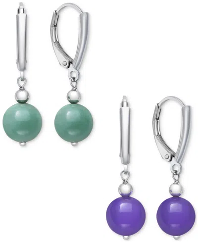 Macy's Dyed Green & Lavender Jade (8mm) 2-pc. Set Drop Earrings In 14k Gold-plated Sterling Silver