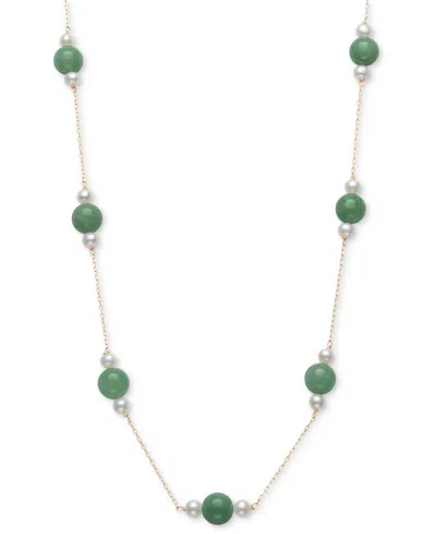 Macy's Dyed Green Jade & Cultured Freshwater Pearl (4-5mm) 18" Collar Necklace In 10k Gold In Metallic