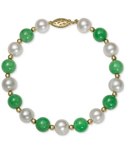 Macy's Dyed Green Jade & Freshwater Pearl (7-1/2 In Yellow Gold