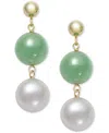 Macy's Dyed Green Jade & Freshwater Pearl (7-1/2mm) Double Drop Earrings In 10k Gold In Yellow Gold