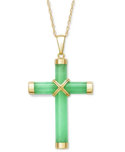 Macy's Dyed Green Jade Polished X Accent Cross 18" Pendant Necklace In 10k Gold In Yellow Gold