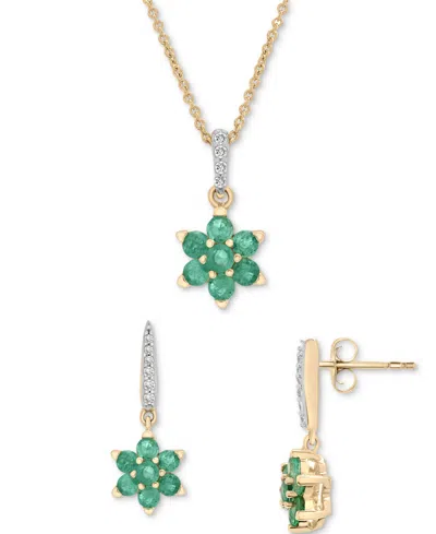 Macy's Emerald (1-1/20 Ct. T.w.) & Diamond (1/20 Ct. T.w.) Flower Pendant Necklace & Drop Earrings Set In 1