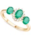 Macy's Emerald (1-1/8 Ct. T.w.) & Diamond (1/8 Ct. T.w.) Triple Oval Halo Ring In 14k Gold (also In Ruby & In Emerald