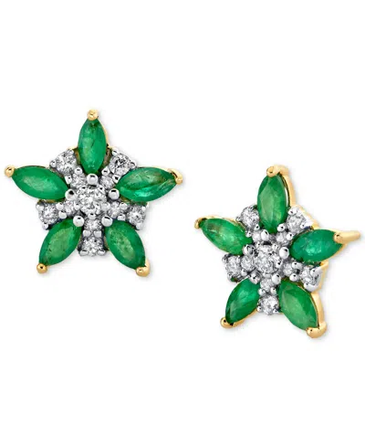 Macy's Emerald (1 Ct. T.w.) & Diamond (1/5 Ct. T.w.) Flower Stud Earrings In 14k Gold