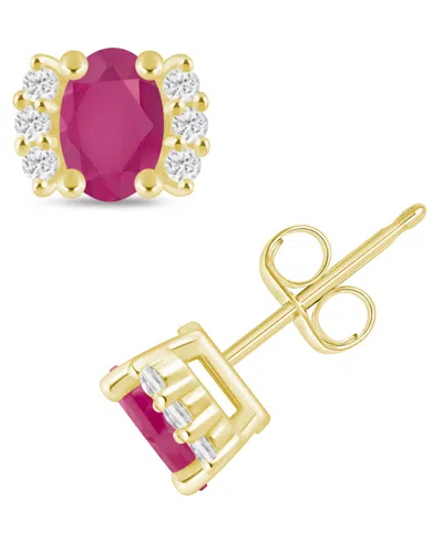 Macy's Emerald (1 Ct. T.w.) & Diamond (1/6 Ct. T.w.) Bracket Stud Earrings In 10k Gold (also In Ruby, Sapph In Red