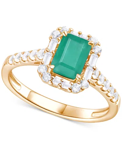 Macy's Emerald (1 Ct. T.w.) & Diamond (3/8 Ct. T.w.) Round & Baguette Halo Ring In 14k Gold (also In Ruby & In Green
