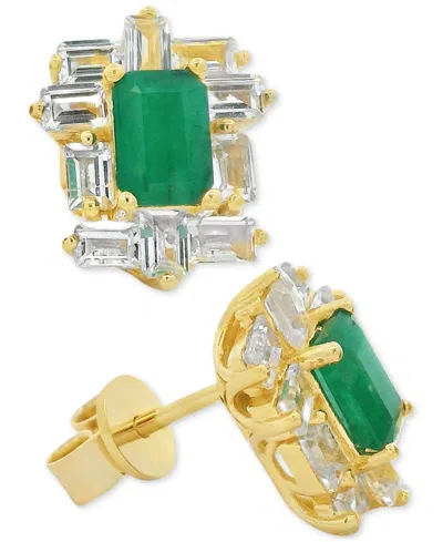 Macy's Emerald (1 Ct. T.w.) & White Topaz (2 Ct. T.w.) Baguette Halo Stud Earrings In 14k Gold-plated Sterl