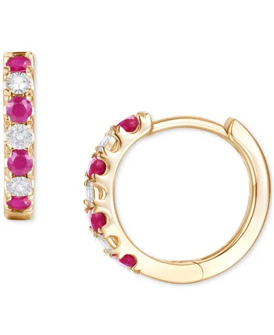 Macy's Emerald (1/6 Ct. T.w.) & Diamond Accent Small Hoop Earrings In 14k Gold, 0.75" (also In Ruby & Sapph In Red
