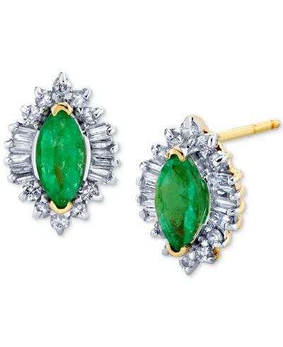 Macy's Emerald (3/4 Ct. T.w.) & Diamond (3/8 Ct. T.w.) Baguette Halo Stud Earrings In 10k Gold In Green