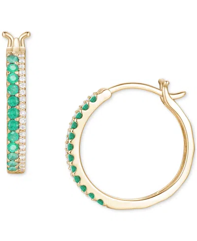 Macy's Emerald (3/8 Ct. T.w.) & Diamond (1/8 Ct. T.w.) Double Row Small Hoop Earrings In 14k Gold-plated St In Green