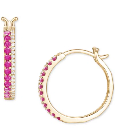 Macy's Emerald (3/8 Ct. T.w.) & Diamond (1/8 Ct. T.w.) Double Row Small Hoop Earrings In 14k Gold-plated St In Red