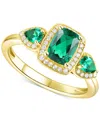 Macy's Emerald (7/8 Ct. T.w.) & Lab-grown White Sapphire (1/6 Ct. T.w.) Three Stone Halo Ring In 14k Gold-p In Emerald