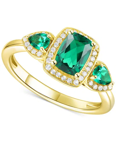 Macy's Emerald (7/8 Ct. T.w.) & Lab-grown White Sapphire (1/6 Ct. T.w.) Three Stone Halo Ring In 14k Gold-p