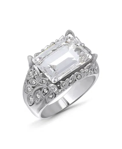 Macy's Emerald Cut Cubic Zirconia Fine Silver-plated Over Brass Leaf Design Statement Ring In Metallic