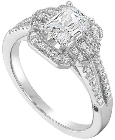 Macy's Emerald Diamond Halo Engagement Ring (3/4 Ct. T.w.) In 14k White Gold In Silver