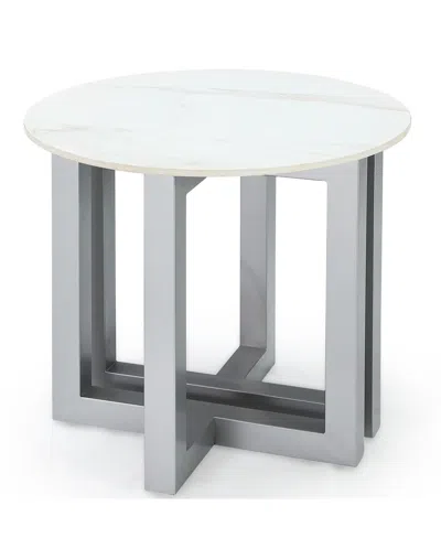 Macy's Emila 24" Round Sintered Stone Mix And Match End Table In Stone White,silver Sky