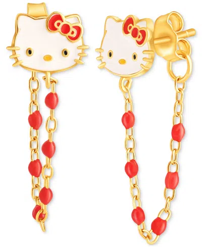 Macy's Enamel & Bead Chain Hello Kitty Front To Back Drop Earrings In 18k Gold-plated Sterling Silver In Gold Over Silver