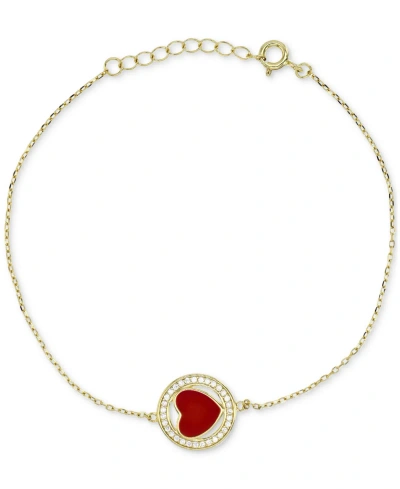 Macy's Enamel Heart & Cubic Zirconia Chain Bracelet In 14k Gold-plated Sterling Silver In Red