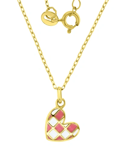 Macy's Enamel Heart Checkerboard Pattern Pendant Necklace In 14k Gold-plated Sterling Silver, 13" + 2" Exte In Pink