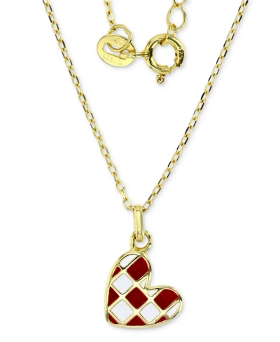 Macy's Enamel Heart Checkerboard Pattern Pendant Necklace In 14k Gold-plated Sterling Silver, 13" + 2" Exte In Red