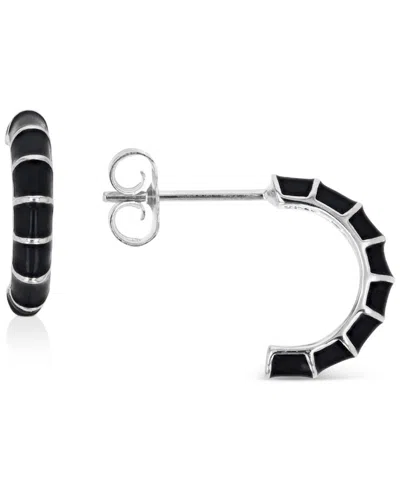 Macy's Enamel Hoop Earrings In Sterling Silver Or 14k Gold Over Sterling Silver, 1/2" In Black