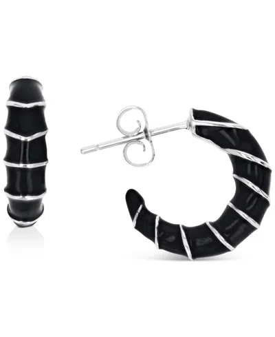 Macy's Enamel Hoop Earrings In Sterling Silver Or 14k Gold Over Sterling Silver, .63" In Black