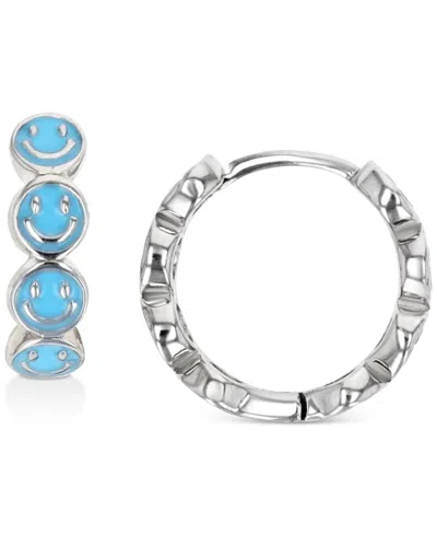 Macy's Enamel Smiley Face Hoop Earrings In Sterling Silver Or 14k Gold Over Sterling Silver, 1/2" In Metallic