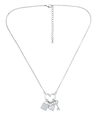 Macy's Fine Silver-plated Over Brass Heart Shape Charm Holder With Heart, Key And Lock Charms Necklace