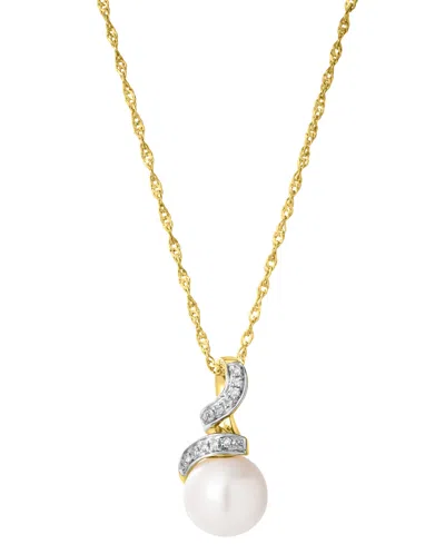 Macy's Fresh Water Pearl (8mm) And Diamond (0.3 Ct. T.w.) Accent Pendant Necklace In 14k Yellow Gold