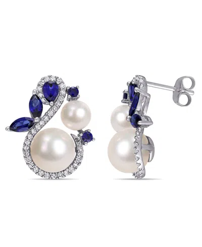 Macy's Freshwater Cultured Pearl (5.5-8.5mm), Lab Grown Sapphire (1 1/10 Ct. T.w.) And Diamond (1/3 Ct. T.w