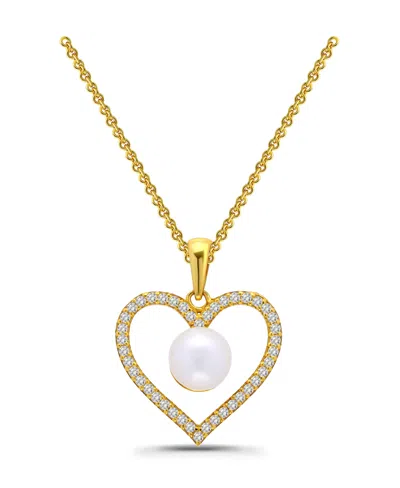 Macy's Freshwater Cultured Pearl Cubic Zirconia Open Heart Pendant Necklace In Gold