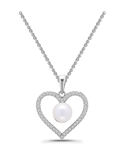Macy's Freshwater Cultured Pearl Cubic Zirconia Open Heart Pendant Necklace In Silver