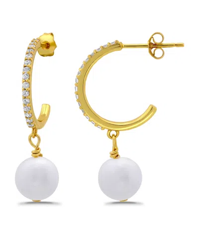 Macy's Freshwater Cultured Pearl Drop Cubic Zirconia Hoop Post Earrings In Gold