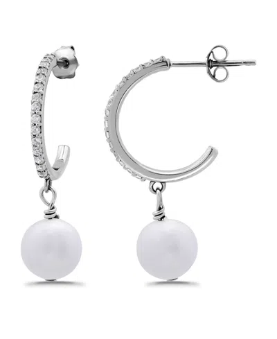Macy's Freshwater Cultured Pearl Drop Cubic Zirconia Hoop Post Earrings In Silver