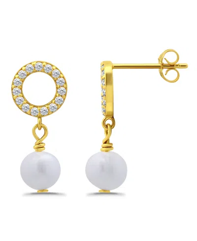Macy's Freshwater Cultured Pearl Drop Cubic Zirconia Open Circle Post Earrings In Gold