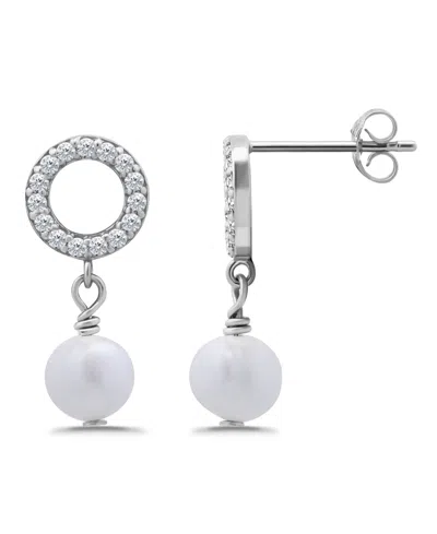Macy's Freshwater Cultured Pearl Drop Cubic Zirconia Open Circle Post Earrings In Silver