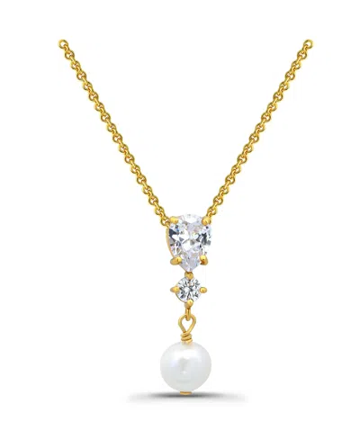 Macy's Freshwater Cultured Pearl Drop Cubic Zirconia Pendant Necklace In Gold