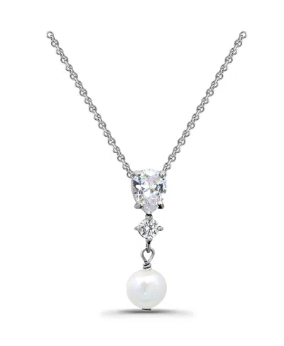 Macy's Freshwater Cultured Pearl Drop Cubic Zirconia Pendant Necklace In Silver