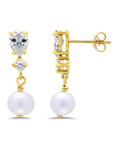 Macy's Freshwater Cultured Pearl Drop Cubic Zirconia Post Earrings In Gold