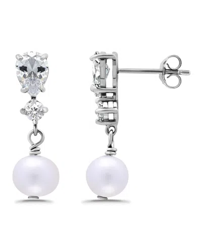 Macy's Freshwater Cultured Pearl Drop Cubic Zirconia Post Earrings In Silver
