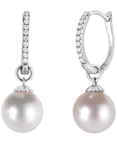 Macy's Freshwater Pearl (10mm) And Diamond (1/10 Ct. T.w.) Earrings In Sterling Silver In Metallic
