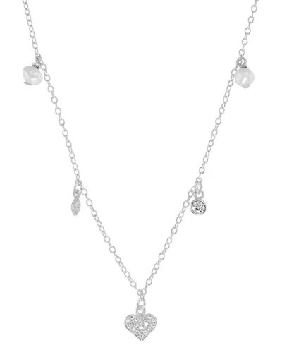 Macy's Freshwater Pearl (4mm) & Cubic Zirconia Heart & Bezel Dangle Collar Necklace In Sterling Silver, 16"