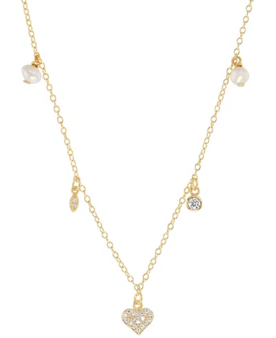Macy's Freshwater Pearl (4mm) & Cubic Zirconia Heart & Bezel Dangle Collar Necklace In Sterling Silver, 16" In Gold