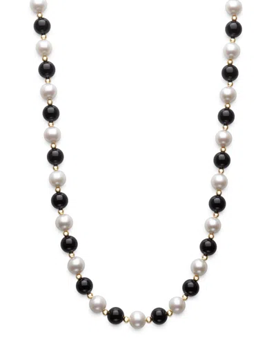 Macy's Freshwater Pearl (7.5-8.5mm), Black Onyx And Gold Bead Necklace In 10k Yellow Gold